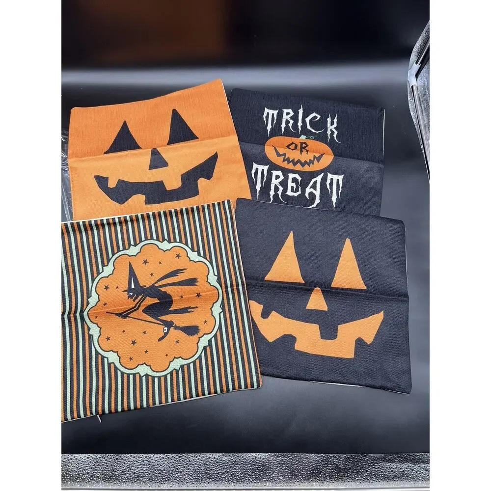 Halloween Pillow Case Covers 12x12 Set of 4 Decorative Jack O'Lantern Witch